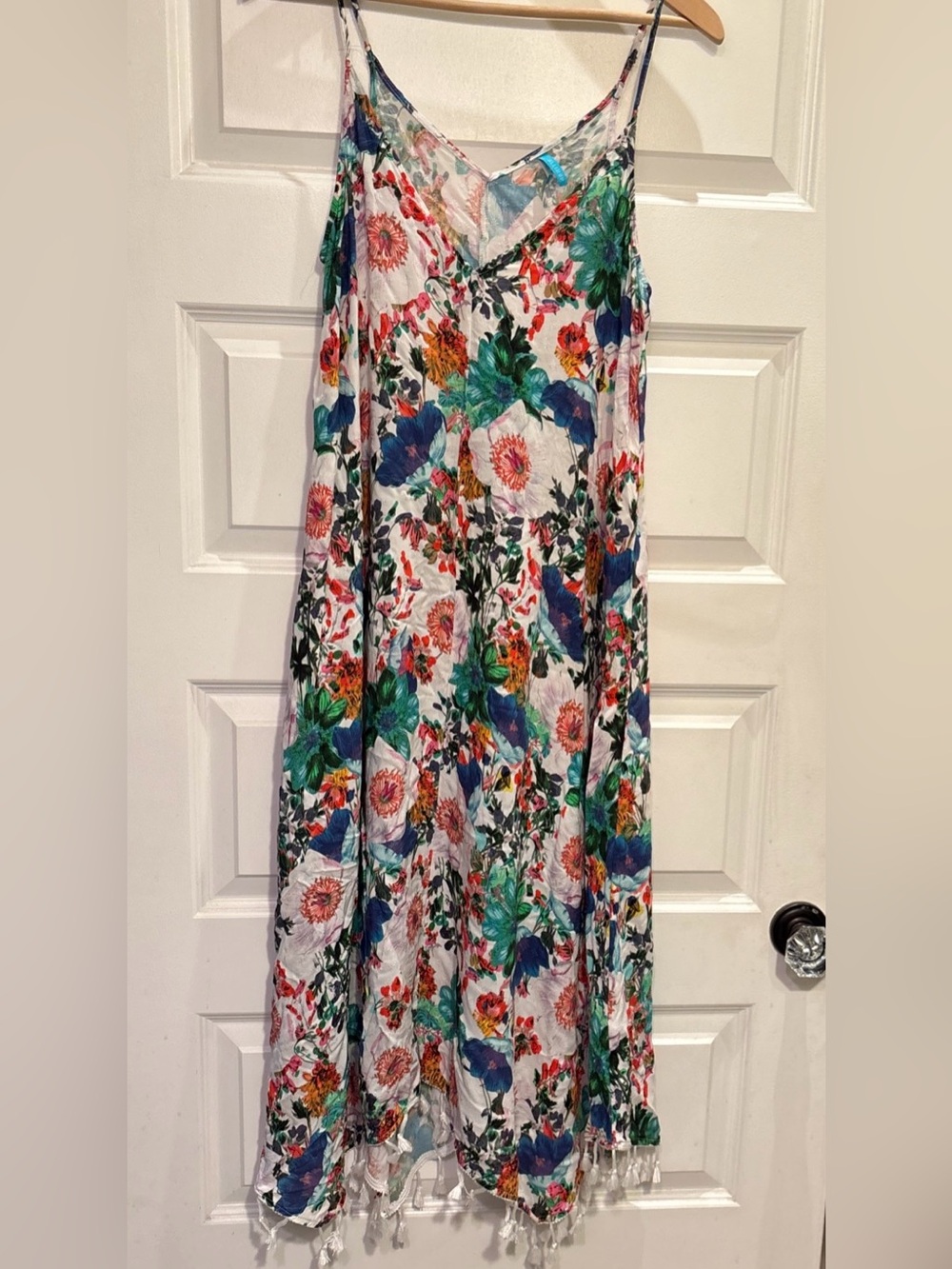 Anthropologie Allihop White/Floral Print Textured Midi Dress M Boho Fringe Slip